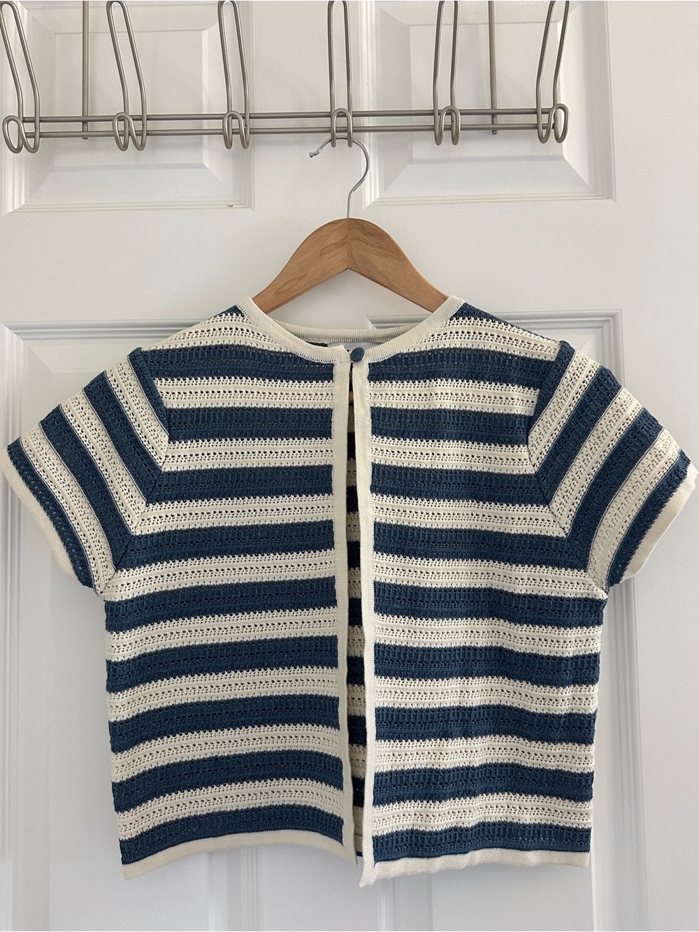 navy and cream striped crochet crop top